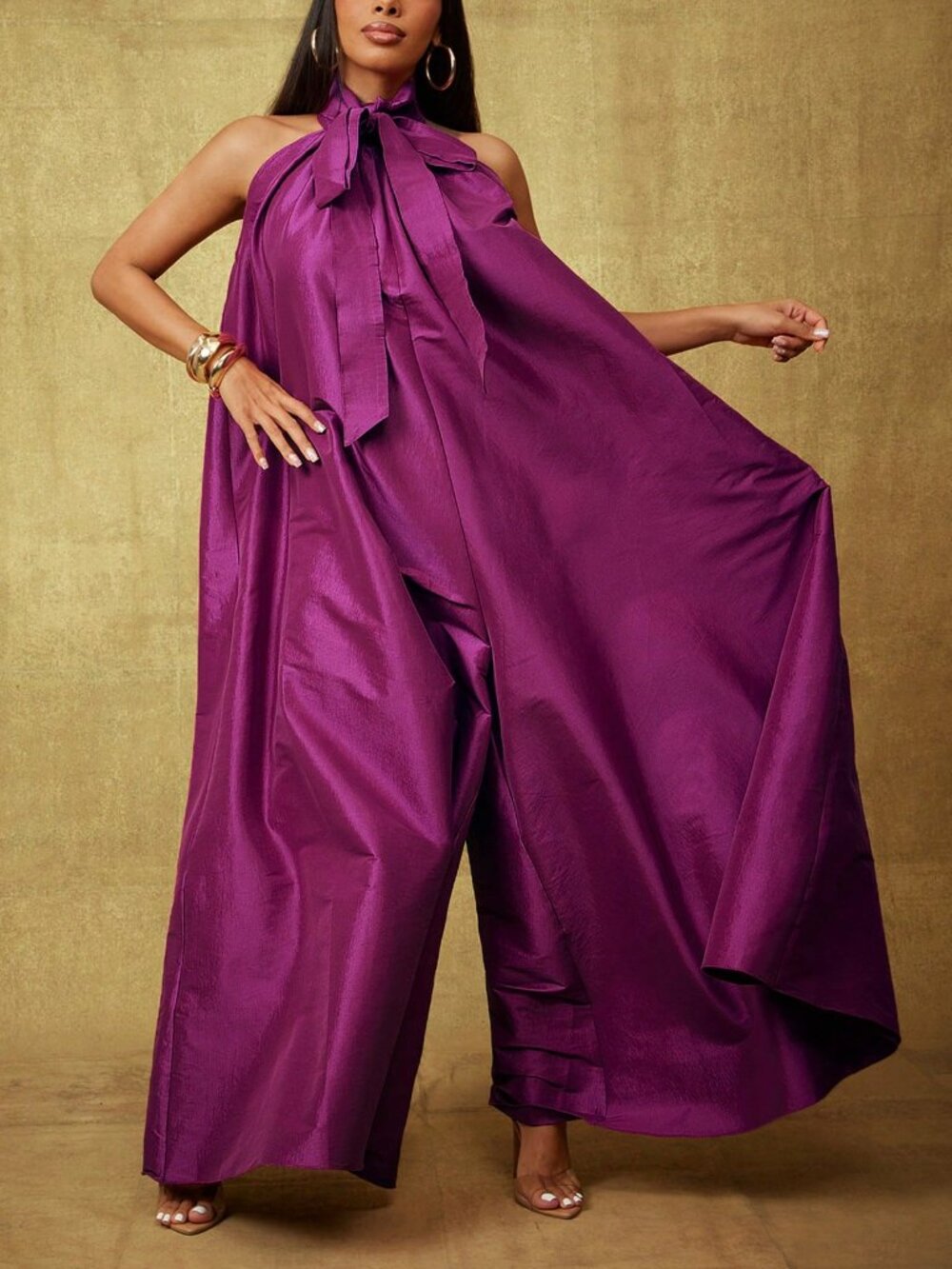 Purple Elegant Women's Taffeta Bow Tie Halter Neck Extra Wide Leg Jumpsuit - Picture 1 of 5